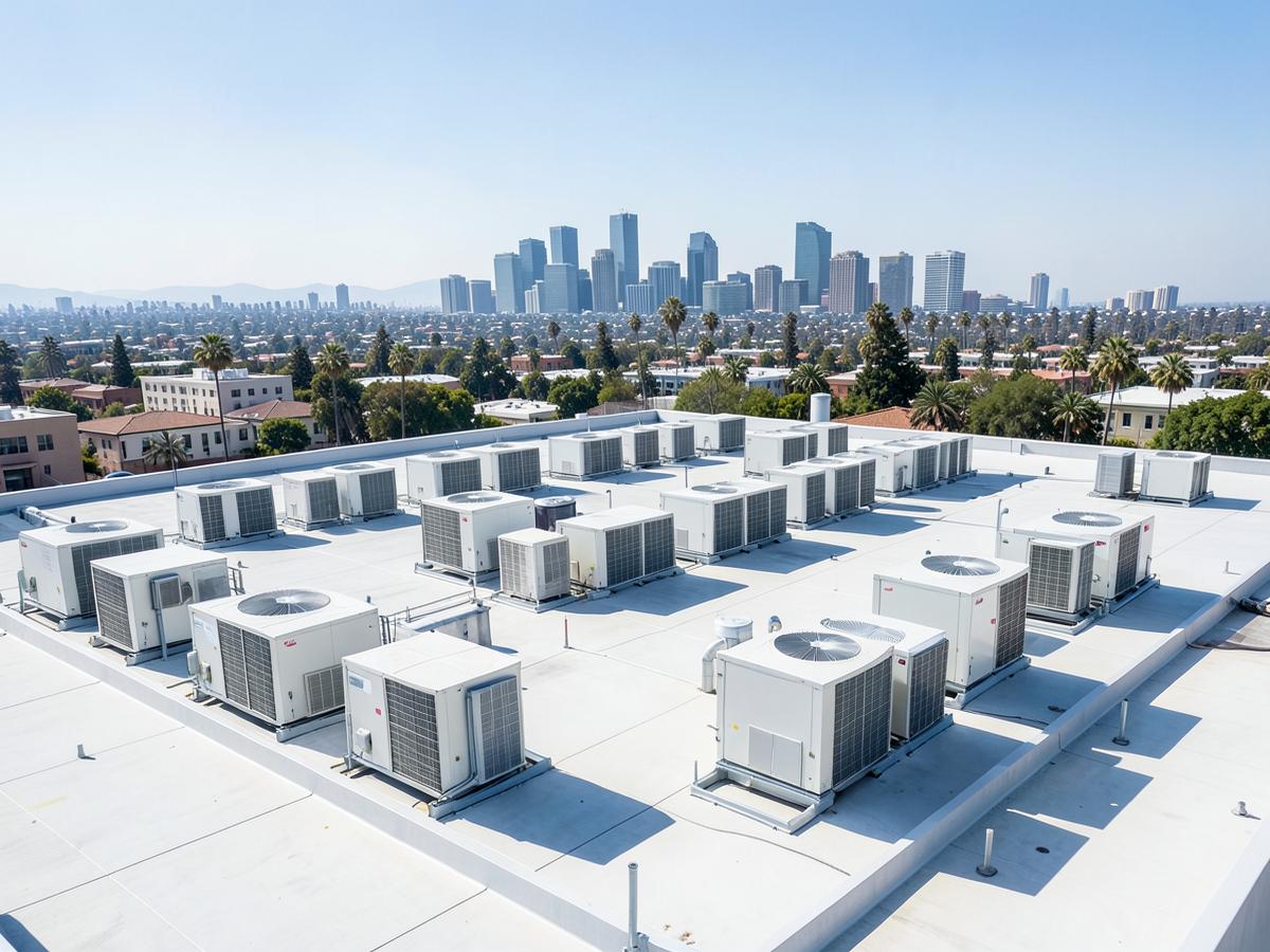 Commercial rooftop HVAC units with the Los Angeles skyline